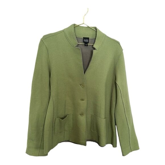 EILEEN FISHER | Merino Wool Doubleknit Button Front Cardigan Green Gray | M - Picture 3 of 11